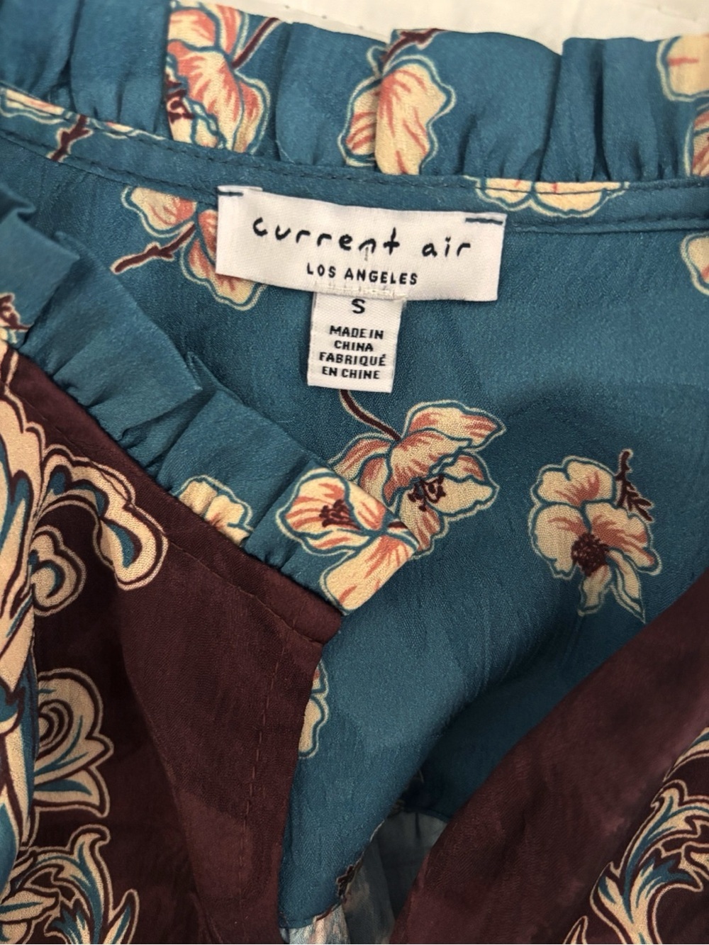 Current Air Blue & Brown Floral Button Up Blouse Small - Picture 6 of 8